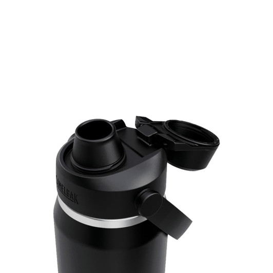 A drink bottle in black with a silver band, featuring a lid and a straw opening, and a branding logo.