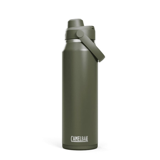 A drink bottle in matte olive green with a flip-top lid and a side handle. It features a brand logo.