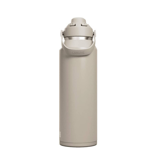 A drink bottle in a light beige colour with a metal lid and carrying handle, featuring a logo.