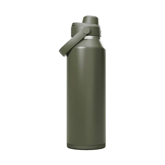 A drink bottle in olive green with a secure lid and a carry handle. It features a logo on the side.
