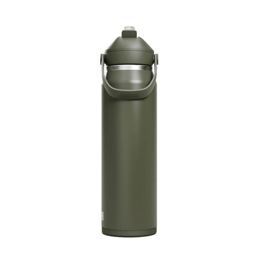 A drink bottle in olive green with a grey lid and a carry handle, featuring a logo.