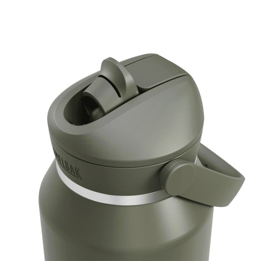 A drink bottle in olive green with a flip straw and a handle, featuring a circular cap and a visible logo.