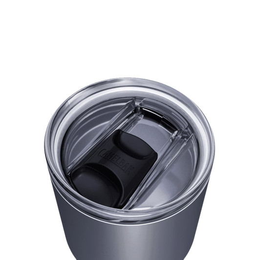 A drink bottle with a silver finish features a transparent lid and a black sliding cover, along with a logo.
