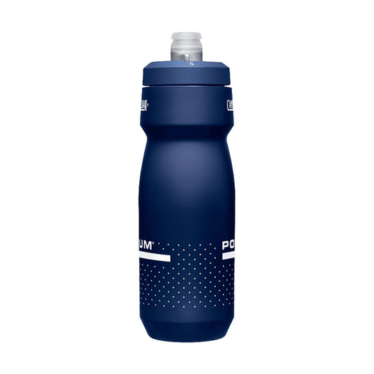 A drink bottle with a navy body and a flip top, featuring a logo and a dotted design.