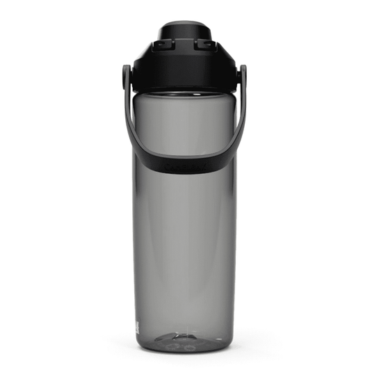 A drink bottle in translucent grey with a black lid and handle, featuring a logo on the side.