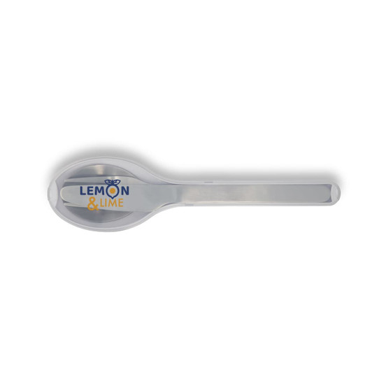 A stainless steel spoon with a colourful logo featuring "Lemon & Lime." The spoon has a sleek design.