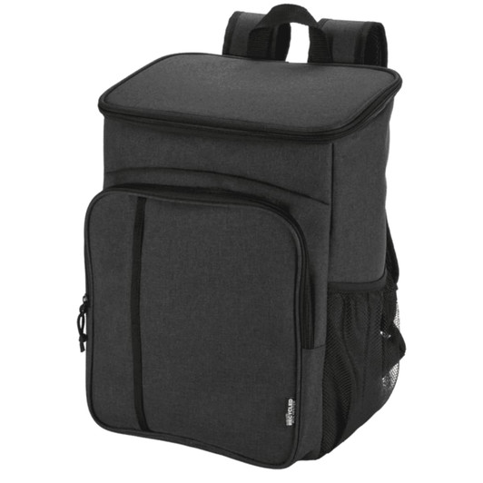 A black picnic cooler backpack with a front pocket and mesh side pockets, featuring a logo.