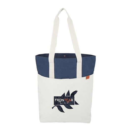 A tote bag with a cream body, navy blue top and straps, featuring a branded logo on the front.