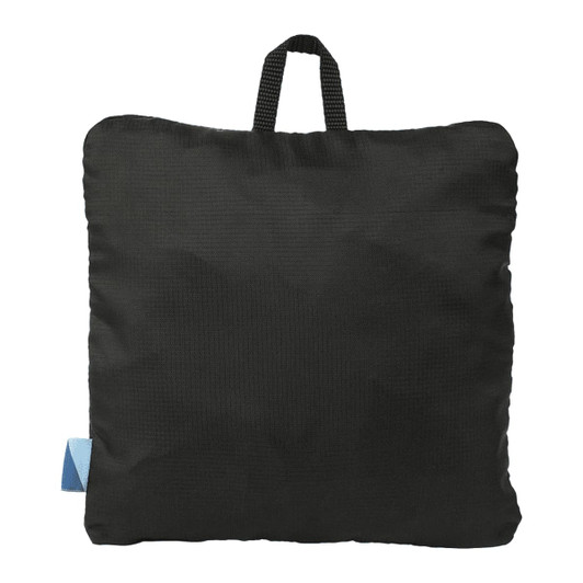A black packable travel duffel bag with a top handle, featuring a contrasting blue tag.