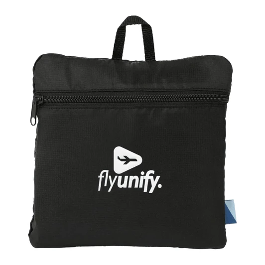 A packable travel duffel bag in black, featuring a logo and a top handle for easy carrying.