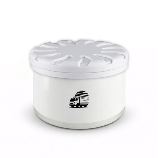 A round white air freshener container with a lid, featuring a simple logo. The base has a clear, light design.