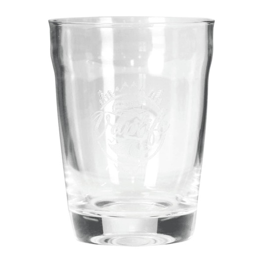 A glass cup with a clear design and an engraved logo on the front, featuring a rounded shape.