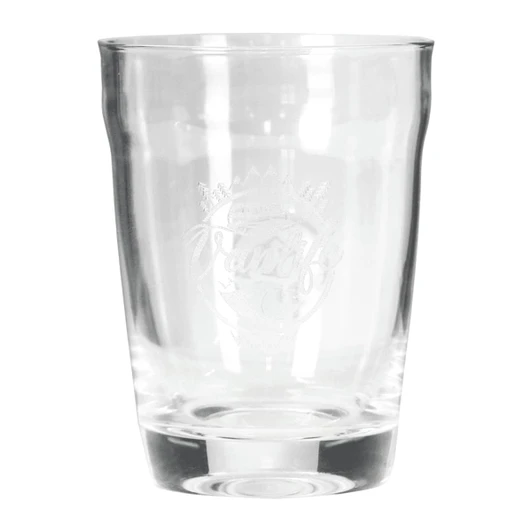 A glass cup with a clear design and an engraved logo on the front, featuring a rounded shape.