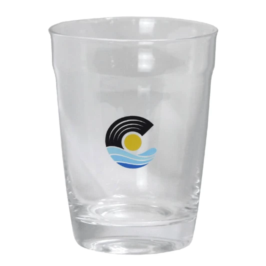A drink bottle in clear glass featuring a logo with waves and a sun design.