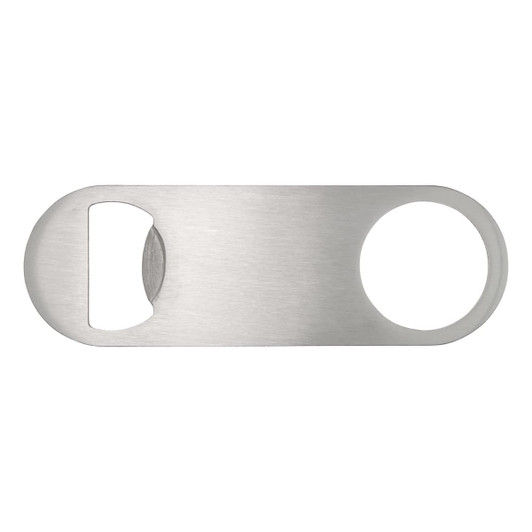 A drink bottle opener in stainless steel with a sleek, minimalist design and a circular opening for gripping.