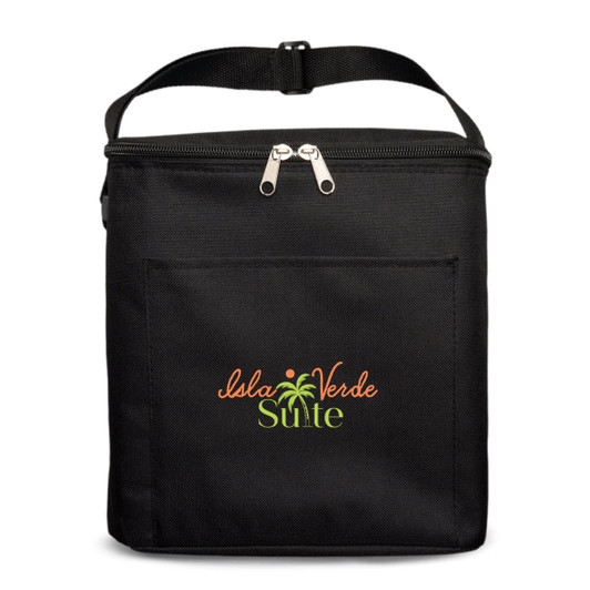 A black insulated bag with a zip closure and a logo on the front. It features a carry handle and a front pocket.