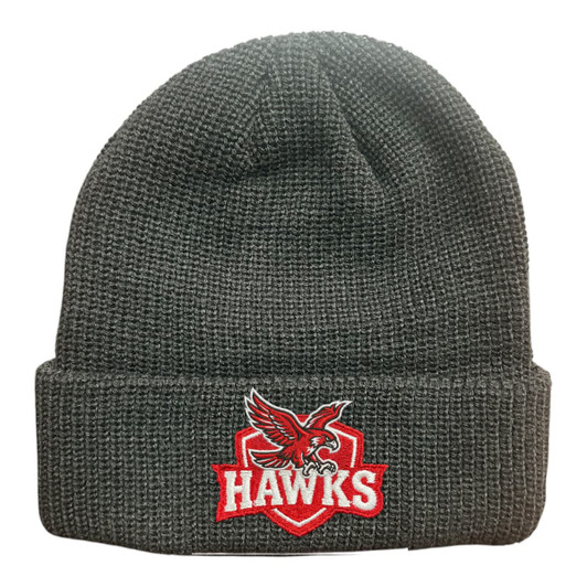 A grey knitted beanie featuring a logo with a hawk design on the front.