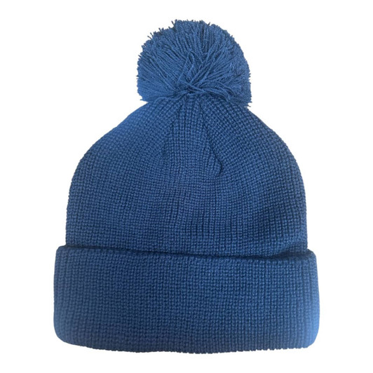 A blue 6 seam knitted beanie with a pom pom on top, featuring a fold-over cuff. It has a logo on one side.