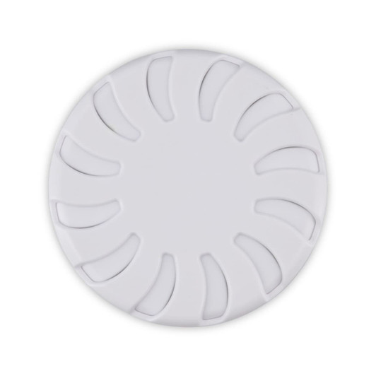 A white Bloom Fragrance Pot with a circular design and cut-out shapes for fragrance dispersion. It has a simple, modern style.