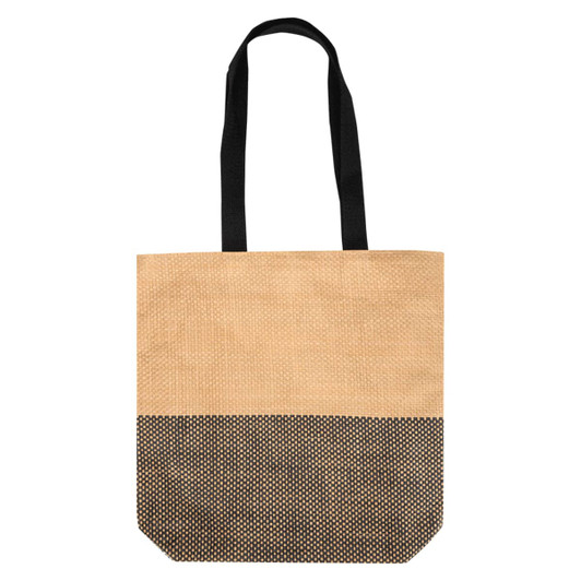A tote bag in natural and black, featuring a textured design and two sturdy handles. Includes a logo on the side.