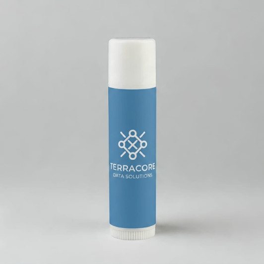 A cylindrical lip balm tube in light blue featuring a white cap and a logo.