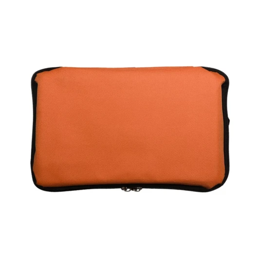 An orange pouch with a black zipper, featuring a textured surface, suitable for outdoor use.