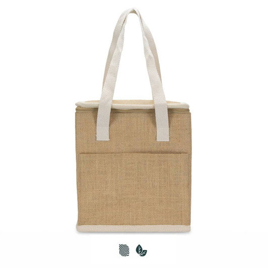 A tan cooler bag with white handles and a zip top, featuring a front pocket and a logo.