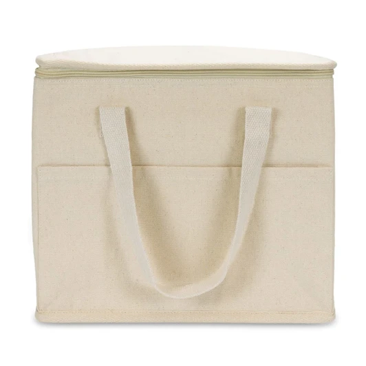 A cooler bag in a lightweight cream colour with a zip closure and handles, featuring a front pocket and branding.