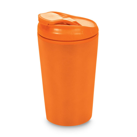 An orange reusable coffee cup with a secure lid and a handle. It features a logo on the side.