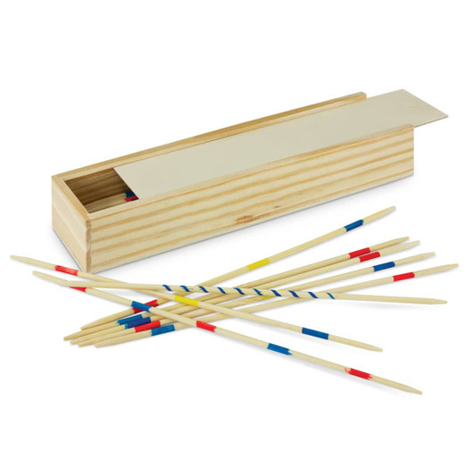 A wooden box containing colourful pick-up sticks scattered around, featuring red, blue, and yellow stripes.