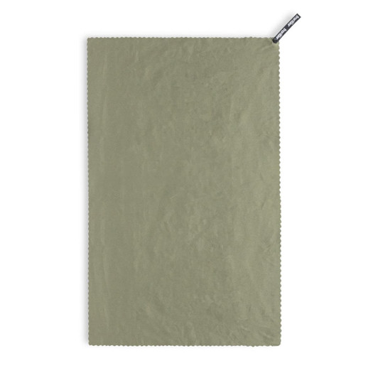 A lightweight, olive green cooling towel with a textured surface and a branded tag at the top.