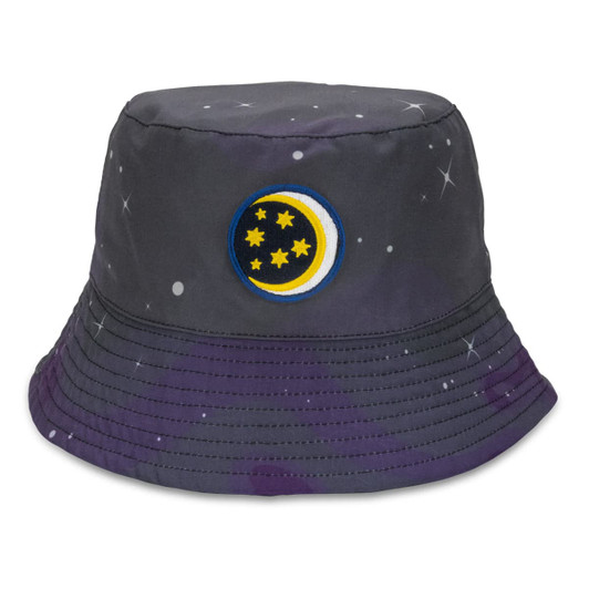A dark grey bucket hat featuring a colourful embroidered patch of a moon and stars against a starry background.