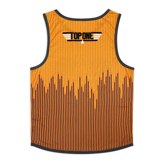 An orange active tank top with a gradient striped pattern and a logo on the back.