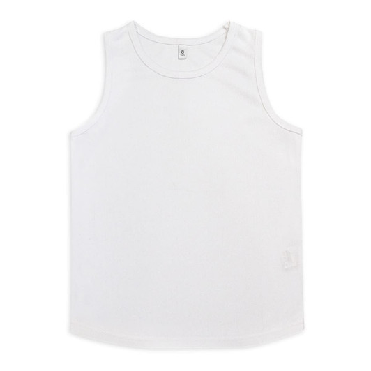 A plain white youth active tank top with a logo on the hem. The top features a sleeveless design.