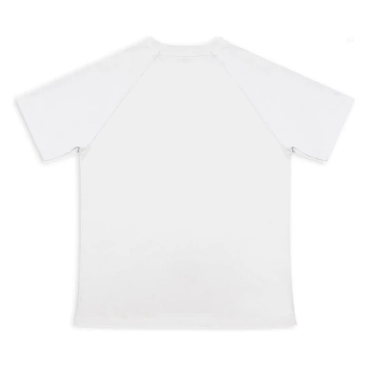A plain white women's active t-shirt with short sleeves and a rounded neckline, featuring a logo.