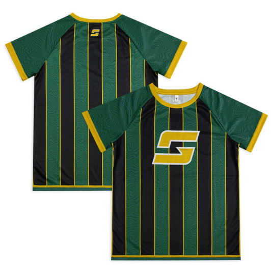 A custom youth active t-shirt featuring green and black stripes with yellow accents and a logo.