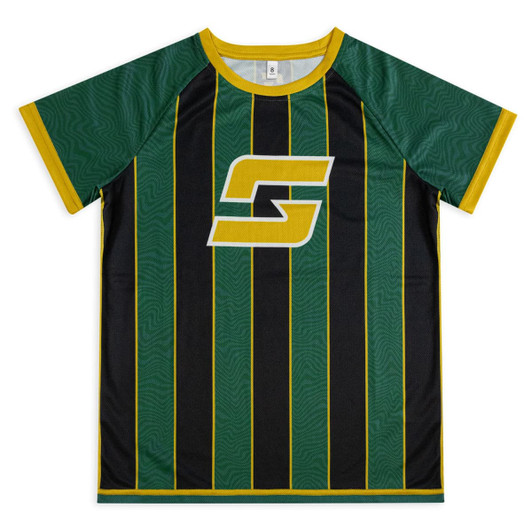A green, black, and yellow custom youth active T-shirt featuring a logo on the front and a striped design.