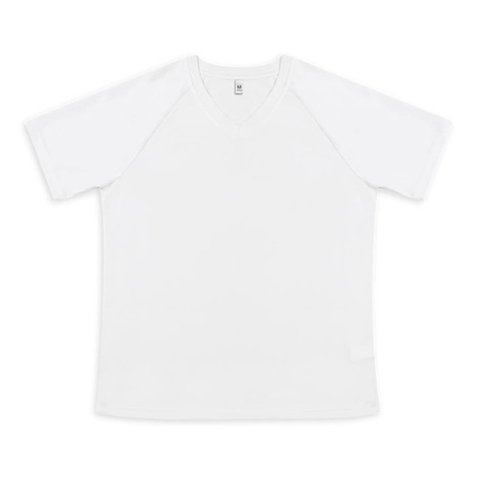 A white women's active V-neck T-shirt with short sleeves, featuring a logo on the label.