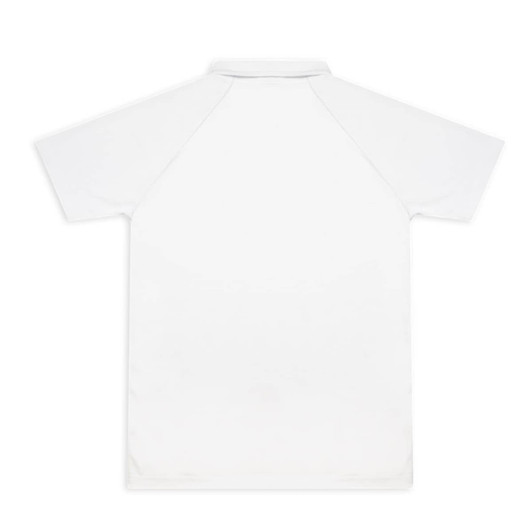 A white custom men's active polo shirt with a plain back and a collar. It features a logo.