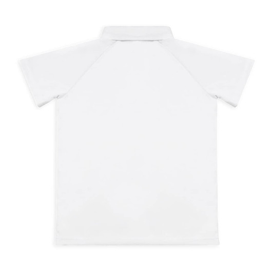 A white youth active polo shirt with a classic collar and short sleeves. It features a logo on the chest.