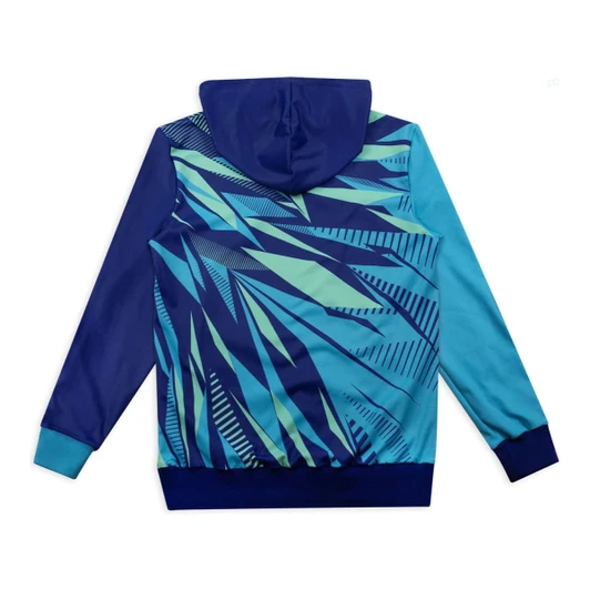 A custom womens active hoodie featuring a vibrant blue and teal geometric design with a hood. It has a logo on it.