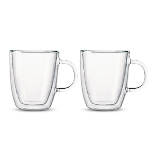 A set of two clear glass double wall mugs with handles. Each mug features a sleek, minimalist design.