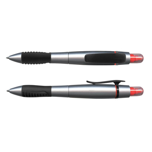 A silver and black dual-sided pen with a highlighter and a logo, featuring a textured grip.