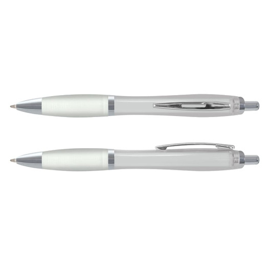 A plastic pen featuring a translucent design with a silver accent and a comfortable grip.