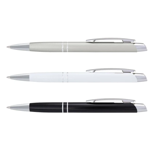 Three metallic pens in grey, white, and black, each with silver accents and a logo on the barrel.