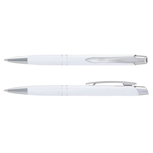A white metal pen featuring a textured grip and chrome accents, displayed from two angles. It has a logo on the body.