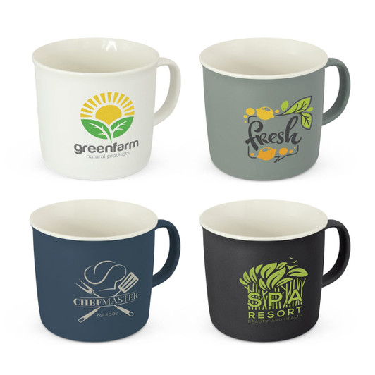 A set of four coffee mugs in various colours featuring different logos and designs.