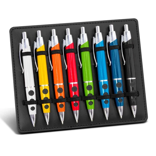 A display stand featuring eight brightly coloured pens in yellow, orange, red, green, blue, black, white, and silver.