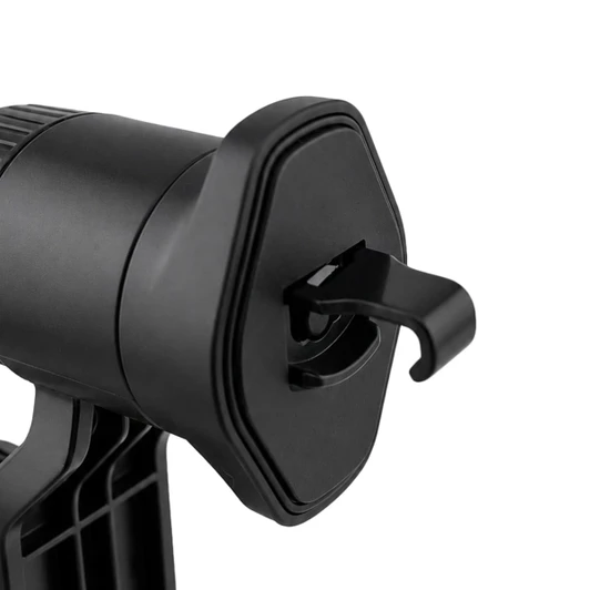 A black car phone holder with a hook mechanism for securing devices, featuring a sleek, modern design.