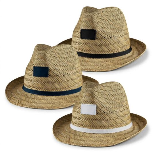 A set of three Panama straw hats in natural straw colour, featuring black, navy, and white bands. Each hat has a logo.